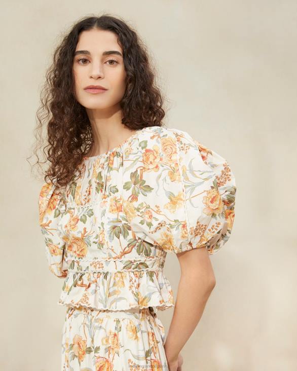 femmes Loeffler Randall crème botanique florale anna - haut à basque et manches bouffantes vêtements 8HL8206