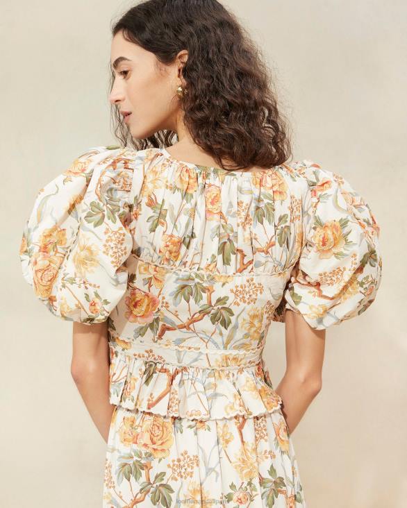 femmes Loeffler Randall crème botanique florale anna - haut à basque et manches bouffantes vêtements 8HL8206