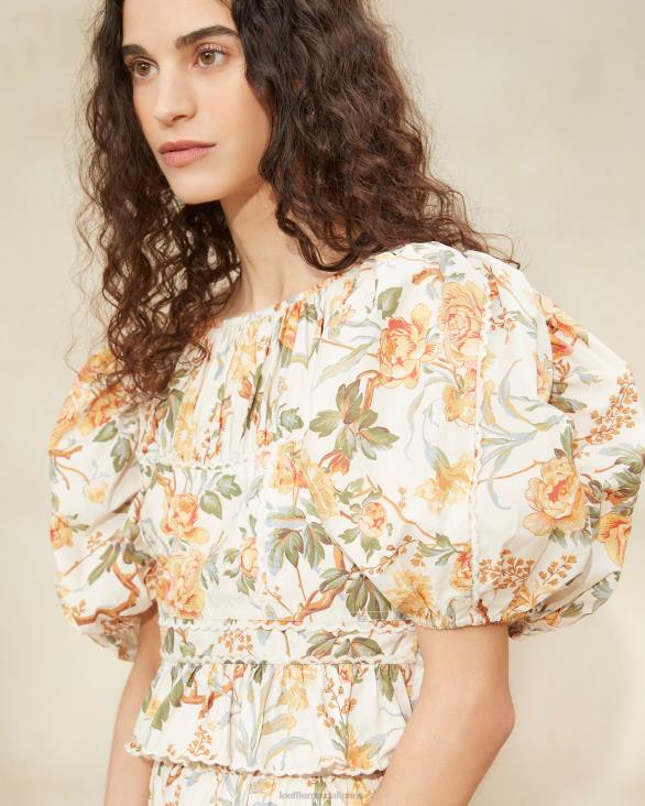 femmes Loeffler Randall crème botanique florale anna - haut à basque et manches bouffantes vêtements 8HL8206