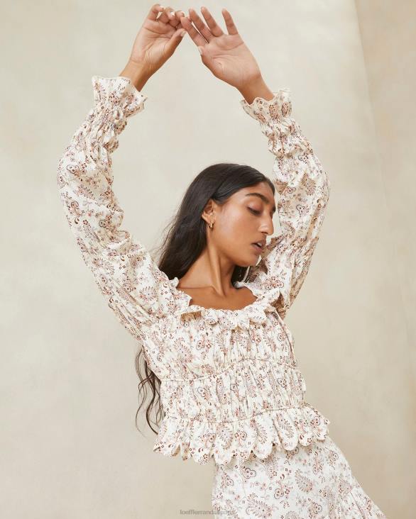 femmes Loeffler Randall crème florale à motif cachemire Misha - Haut ondulé à volants et motif cachemire vêtements 8HL8239