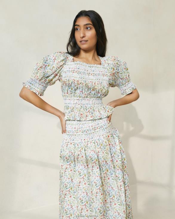 femmes Loeffler Randall crème/trèfle/coquelicot multi floral Blouse cintrée à manches bouffantes Nicola vêtements 8HL8200