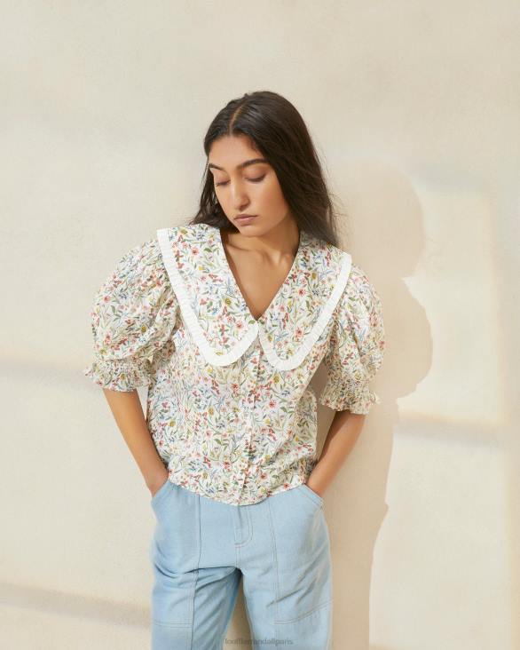femmes Loeffler Randall crème/trèfle/coquelicot multi floral blouse chantal à manches bouffantes vêtements 8HL8202