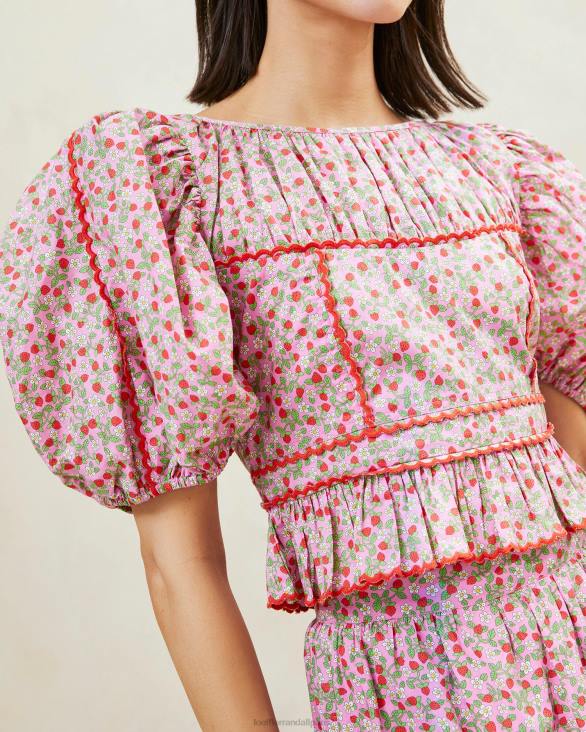 femmes Loeffler Randall imprimé fraise haut à basque à manches bouffantes anna fraise vêtements 8HL8205