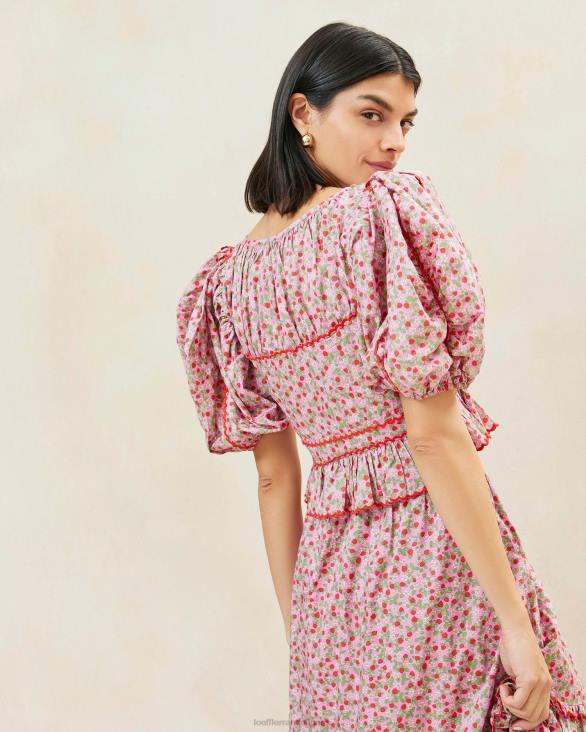 femmes Loeffler Randall imprimé fraise haut à basque à manches bouffantes anna fraise vêtements 8HL8205