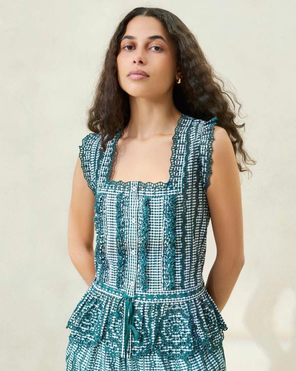 femmes Loeffler Randall mini vichy vert blouse festonnée arden vêtements 8HL8204