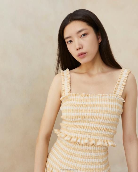 femmes Loeffler Randall vichy beige caraco smocké Fiona vêtements 8HL8252
