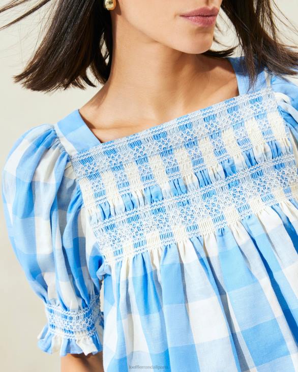 femmes Loeffler Randall vichy bleu top smocké lydie vêtements 8HL8199
