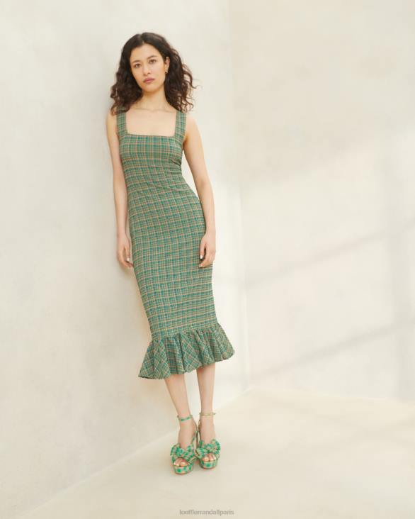 femmes Loeffler Randall plaid vert/caramel au beurre robe débardeur à ourlet volanté yessica vêtements 8HL8188